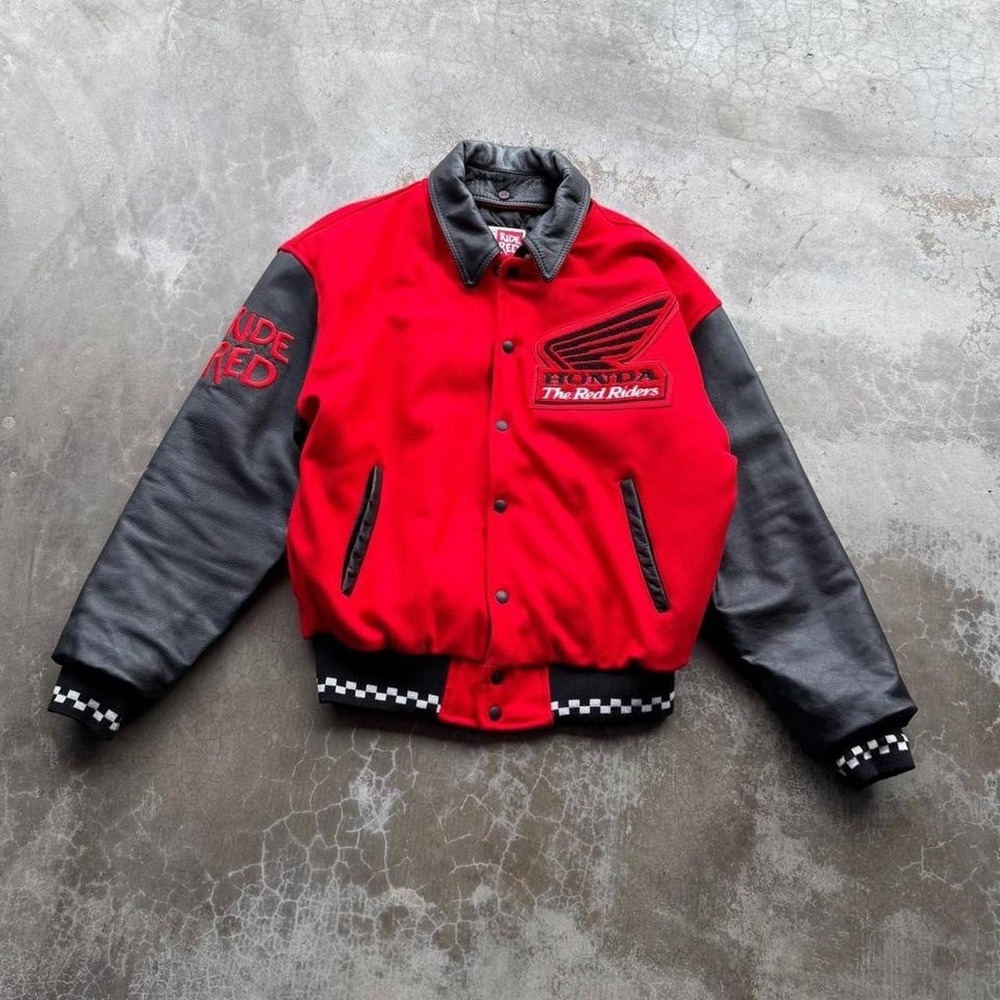 Vintage Honda Ride Red Leather and wool varsity letterman style riding jacket L